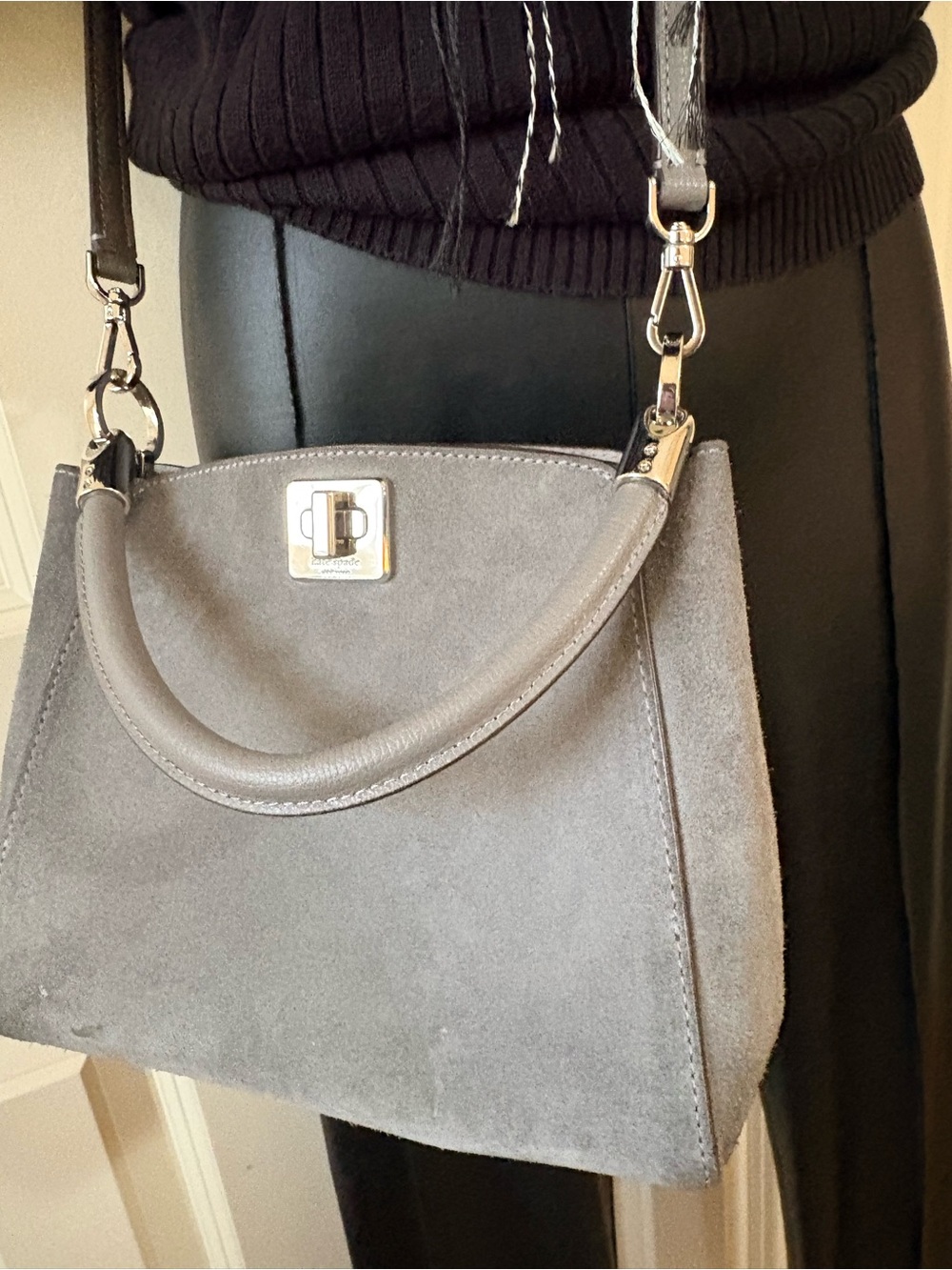 2pc, Mini Gray Suede Top-Handle Bag and crossbody strap with scarf. EUC - Picture 2 of 13